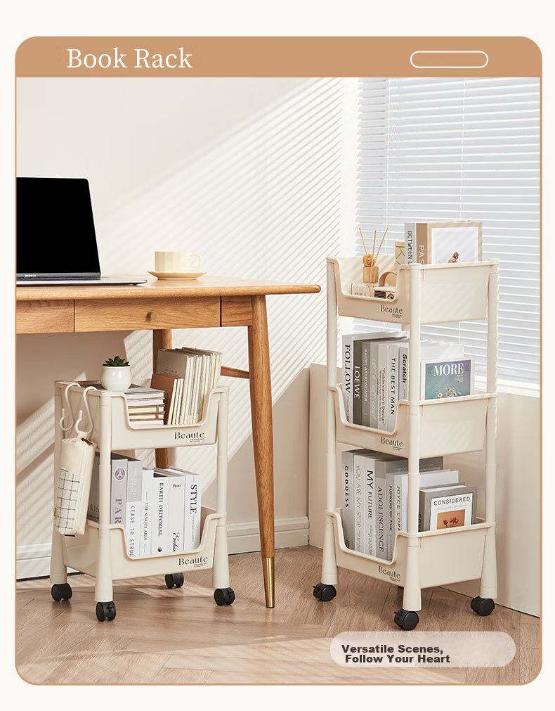 Yijia Bookshelf, Mobile Bookshelf, Storage Rack, Floor-Standing Multifunctional Storage Shelf, Two-Tier Storage Rack with Wheels 6