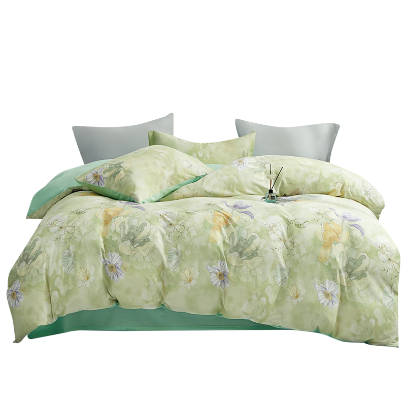Hengyuanxiang All-Cotton Four-Piece Set, Class A Knitted Nai Tei Cotton, 100% Pure Cotton Bedding Set, Chunxi (Green), 2*2.3m