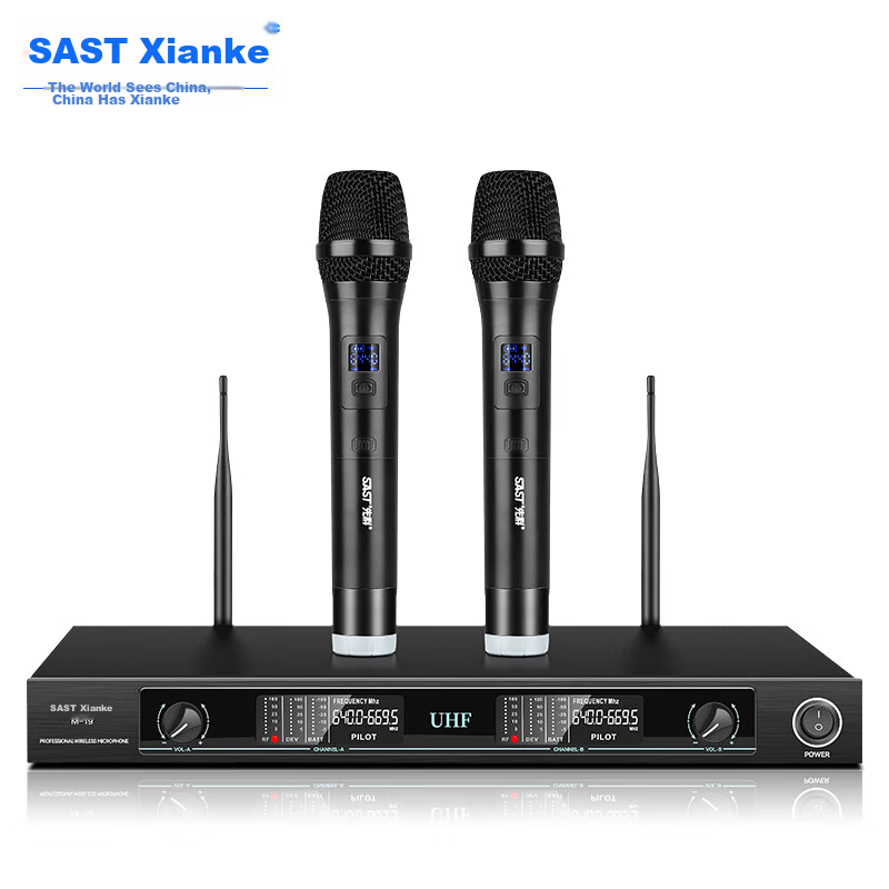 SAST Handheld Dual Wireless Microphone System, Professional Conference Lectern UHF Microphone with 100-Meter Transmission, Anti-Howling Stage Singing Microphone for Home Use, Hosting, Training, Weddings, Parties, And Karaoke KTV M-19