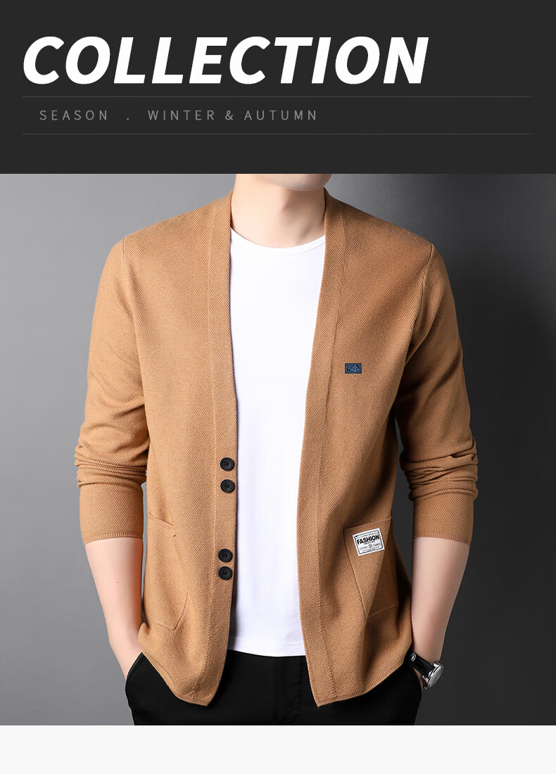 Hengyuanxiang Men's Knitted Cardigan Sweater Jacket Trendy Youth Pocket Shawl HJ172 Black 170/88A 1