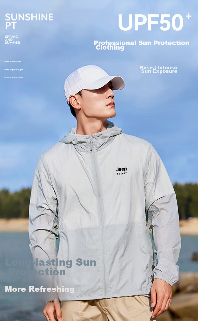 JEEP SPIRIT Sun Protection Jacket for Men, Summer Outerwear, UPF50+, Lightweight Skin Coat, Fishing Wear, Beach Clothing, Men's Jacket, Light Gray, Size L 2
