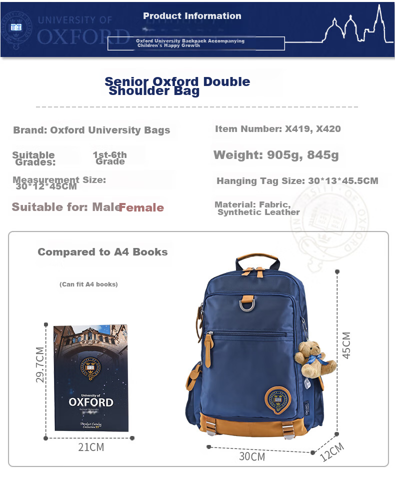 OXFORD Oxford University Backpack for Elementary School Boys, Back-To Gift for Children, Large Opening Lightweight Casual Double Shoulder Bag for Grades 4-6, Fashionable British Style X419-1 (Dark Blue) 1