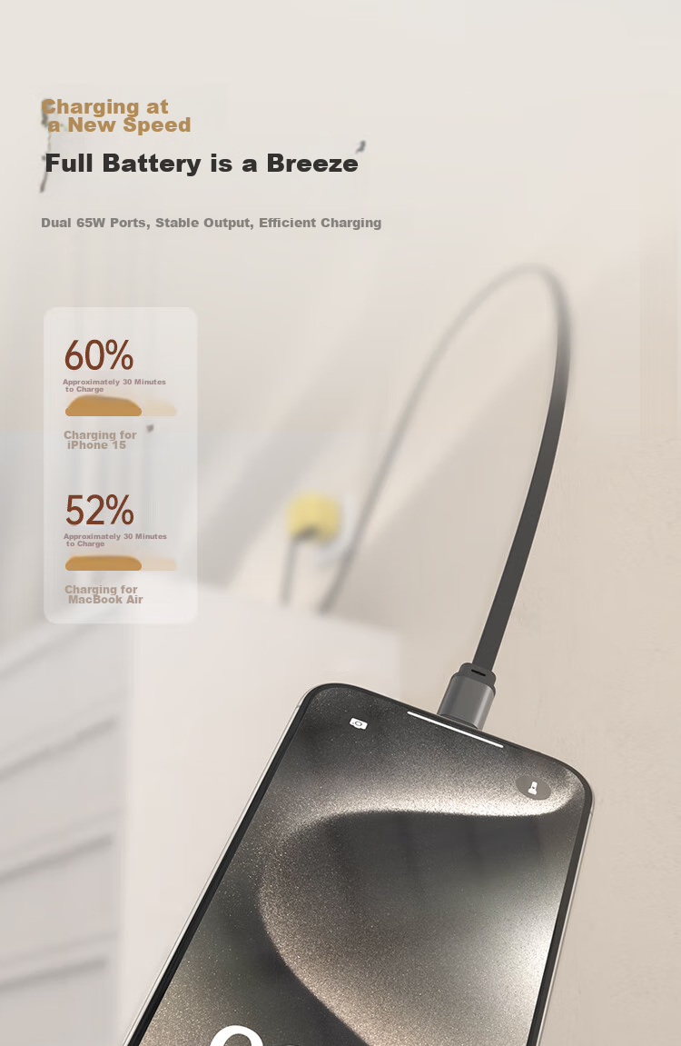 WOPOW [Built-In Retractable Cable] 65W GaN Desktop Charger, Multi-Port PD Fast Charging, Low Temperature Operation without Heating, Suitable for Apple Huawei Xiaomi Android Laptops, White 3