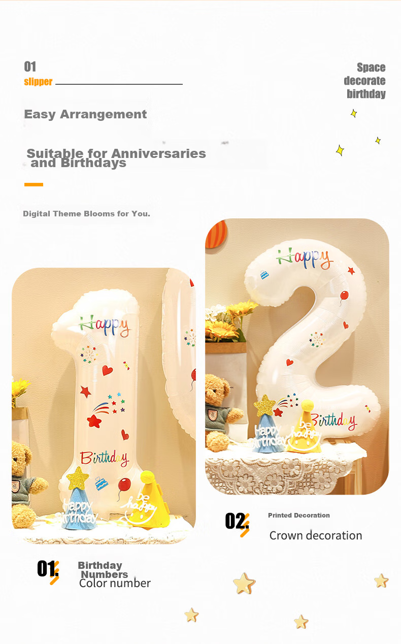 Shicai White Floral Print Number Balloon Decorations, Children's Birthday Party Scene Setup, Outdoor Handheld Photo Props, 4 Pieces 2