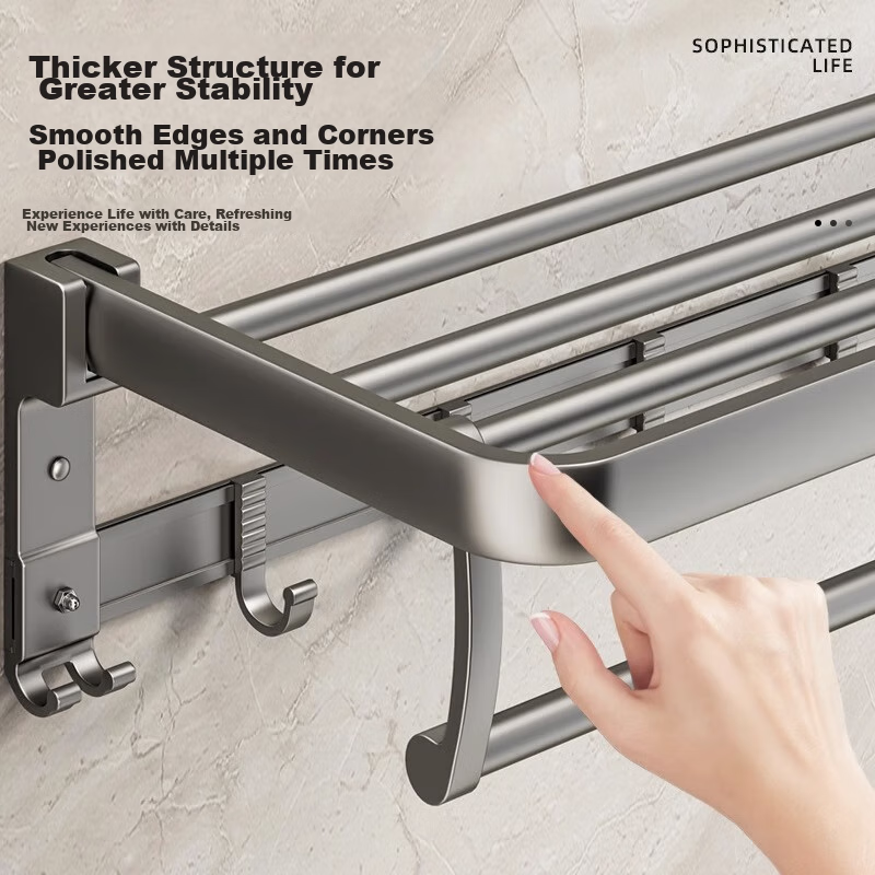 Huxiansen Bathroom Storage Rack, Towel Holder, No Drilling Required, Space Aluminum, Foldable, 50-60cm, Gunmetal Gray, Bathroom Organizer 3
