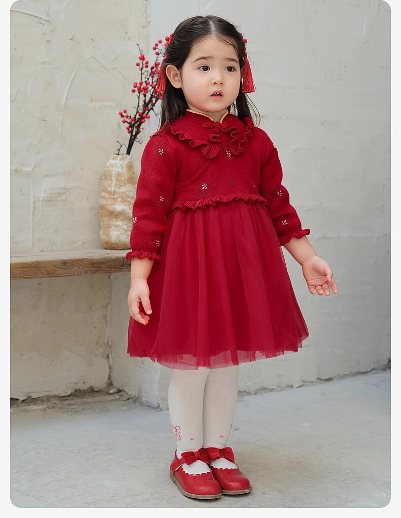 David Bella Girls' Sweater Dress Baby Traditional Style Mesh Skirt Winter Red Dress 8