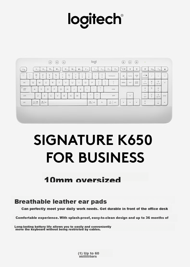 Logitech K650 Enterprise Wireless Bluetooth Keyboard, Office Keyboard, Dual-Mode Keyboard with Palm Rest, Receiver Included, Premium Series, Commercial Version, White [Single Order Discount] 1