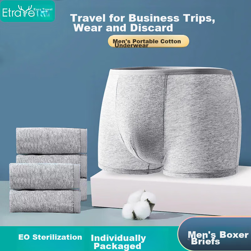 Etravel Disposable Men's Underwear, Boxer Briefs, Pure Cotton Double-Layer, Sterilized And No-Wash, Travel-Friendly And Comfortable, Men's Gray XL Size