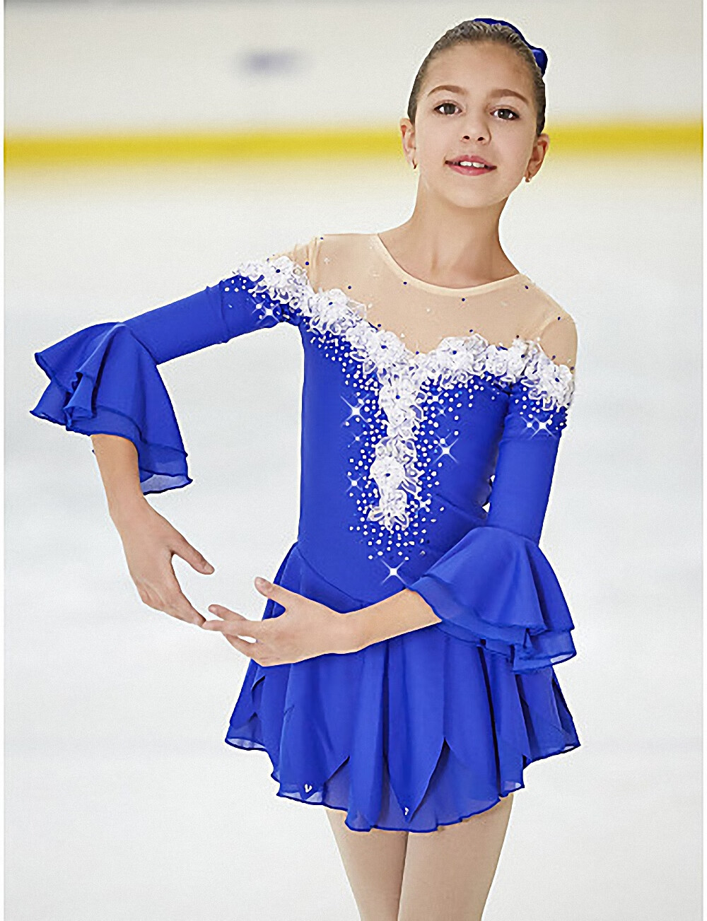 榴火花样滑冰表演服女儿童蓝色长袖滑冰表演服装溜冰服裙子白色xs定制