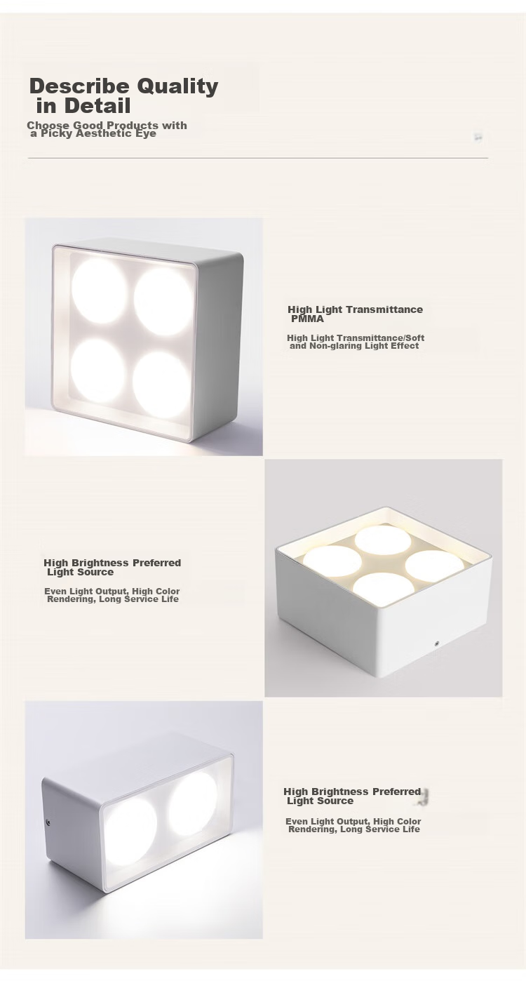 NVC LED Premium Spotlight, Square Surface-Mounted Downlight, Ultra-Thin Grid Light, Four-Head Anti-Glare, 40 Watts, Black Cup, Warm White 14