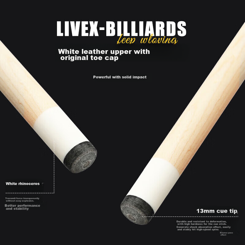 LIVEX Black Feather Pool Cue, Large Tip Black 8-Ball Cue, Chinese Eight-Ball Cue, Detachable 16-Color Nine-Ball Cue