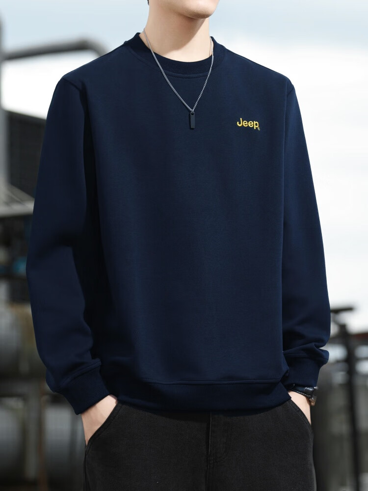 JEEP Sweatshirt for Men, Loose Embroidered Crew Neck Long-Sleeve T-Shirt, Casual Sportswear for Men's Clothing 102, Navy Blue, Size L 9