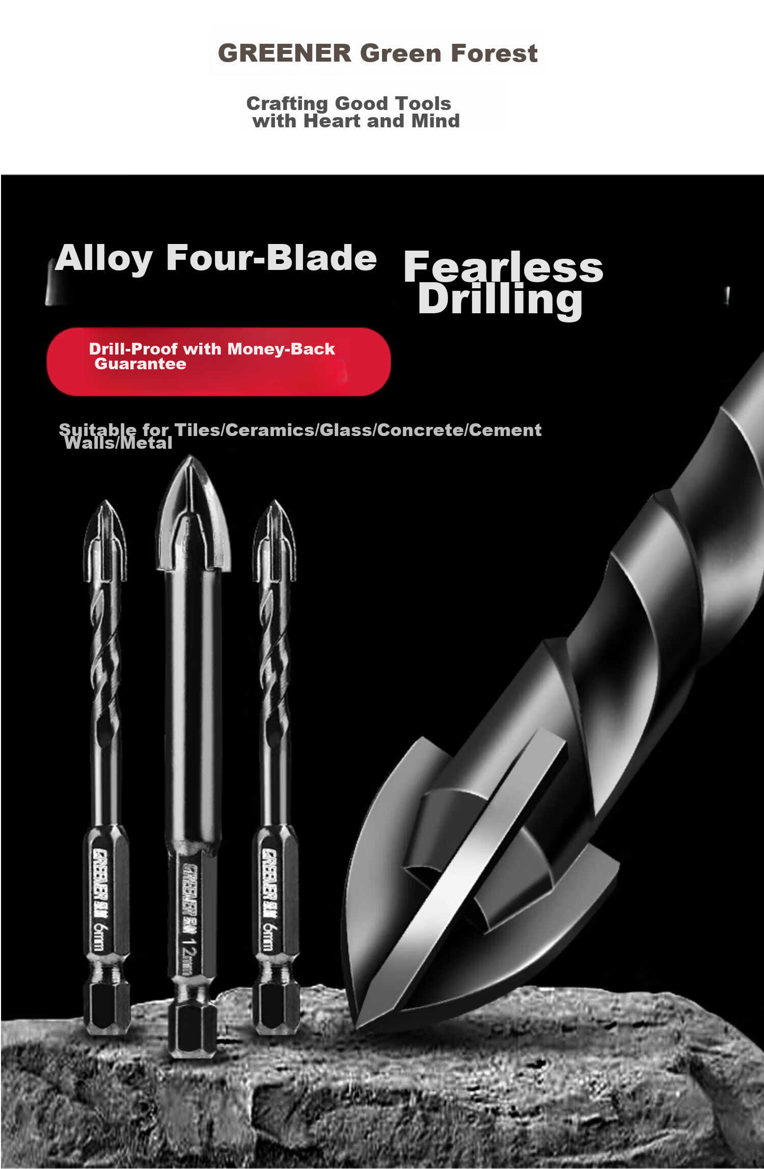 GREENER Ceramic Tile Cross Drill Bit, High Hardness Four-Blade Impact King Drill, for Drilling Holes in Concrete And Glass, Specialized for Rapid Chip Removal 1
