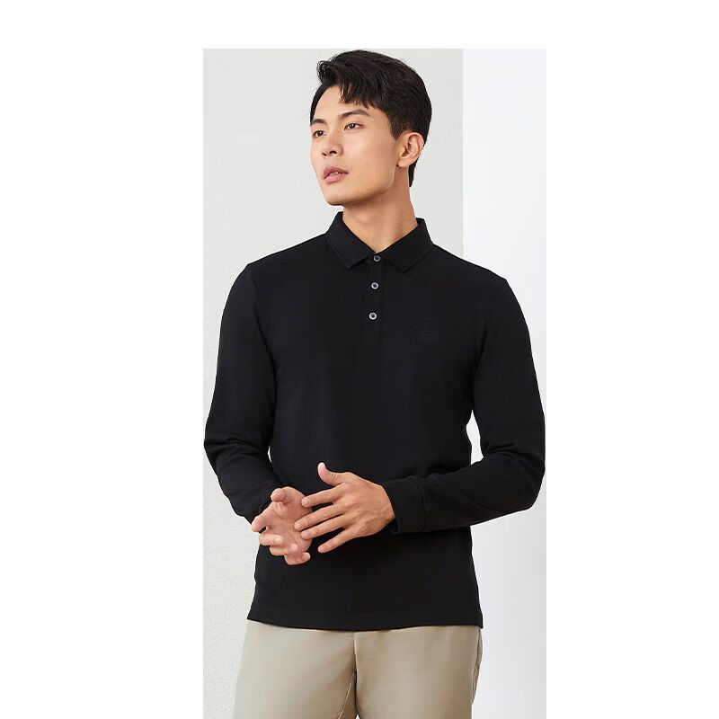 Goldlion GY [Contains Wool] Men's Long-Sleeve Polo Shirt, Spring And Autumn Men's Clothing, Soft Seamless Top, Black, 2XL
