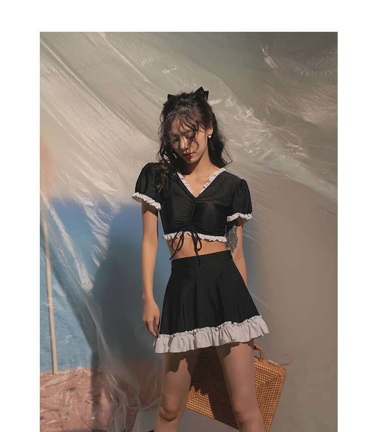 OMOM Women's Conservative Summer Swimsuit, Fashionable Student Two-Piece Skirted High-Waist Slimming Sanya Cute Hot Spring Swimming Suit, Black, L (Recommended for 98-118 Jin) 5