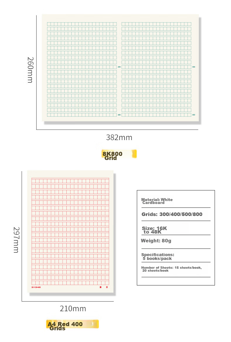 SIMAA 400-Sheet Composition Paper, Thickened Red Grid Writing Paper for Essays And Homework, Draft Paper, A4/20 Sheets, 5-Pack Set, High School Student Study Essential 7