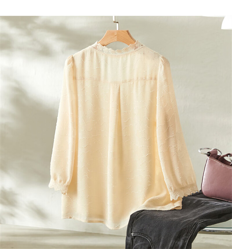 Dme [Long Time No See Series] Summer French Commuter V-Neck Jacquard Blouse, Three-Quarter Sleeve Lace Shirt, Women's Top 17