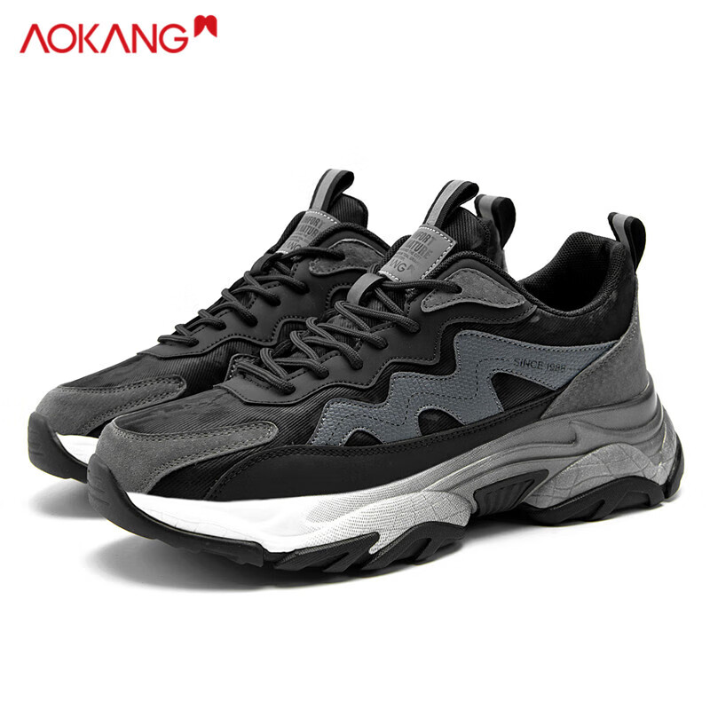 Aokang Men's Shoes, Dad Shoes, Fashionable Versatile Running Thick-Soled Height-Increasing Sneakers, Black, Size 39
