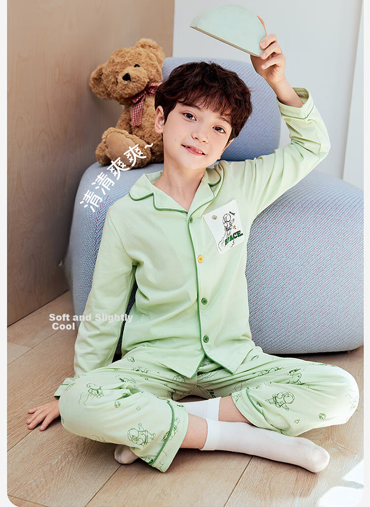 Dingguagua Children's Pajama Set, Spring And Summer Long-Sleeve Pure Cotton Boys' Loungewear, Class A Breathable, Blue, Size 140 5