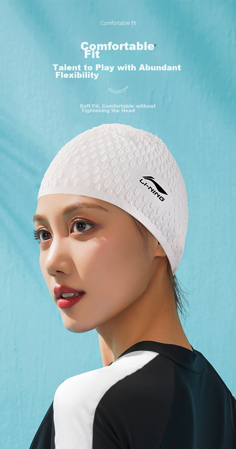 Li-Ning Women's Swim Cap, Comfortable to Wear, Concave Non-Slip Design, Long Hair Silicone Waterproof Swimming Cap, 818 White And Black 5
