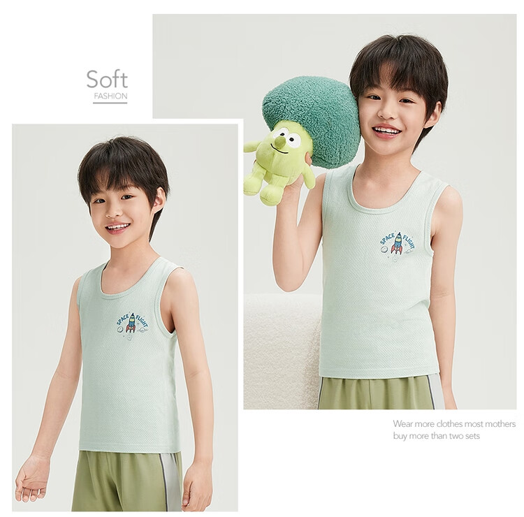 THREEGUN Kids Vest Soft Cotton Mesh Boys Girls Round Neck Vest Aqua Green 120 26