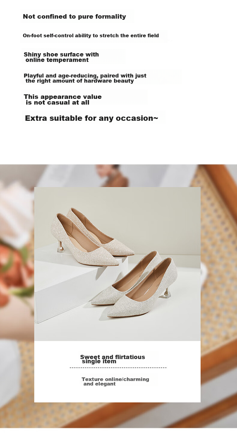 DAPHNE Women's High Heels, Pointed Toe, Stiletto, Elegant Sequin Wedding Shoes, Women's Pumps, 4623101088, Champagne Color, Size 39 2
