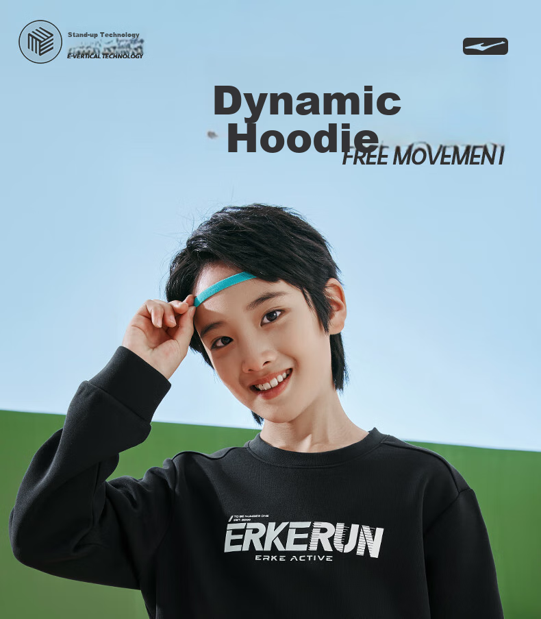 ERKE Children's Unisex Long T-Shirt, Kids' New Autumn 2024 Casual Hoodie, Black, Size 170 12