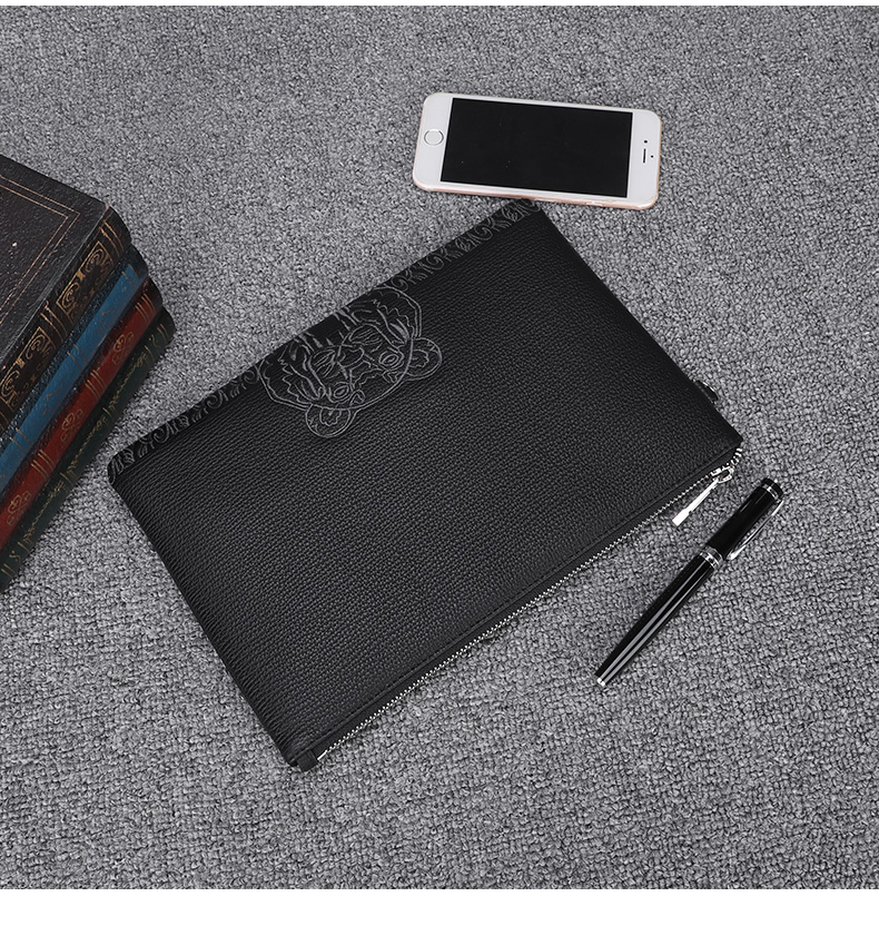 ELLE HOMME Business Boutique Same Style Clutch Bag, Men's Top-Grain Leather Handbag, Tiger Head Embroidery Large Capacity Casual Handbag Envelope Bag EB058701401 Black, Birthday Gift for Boyfriend 5