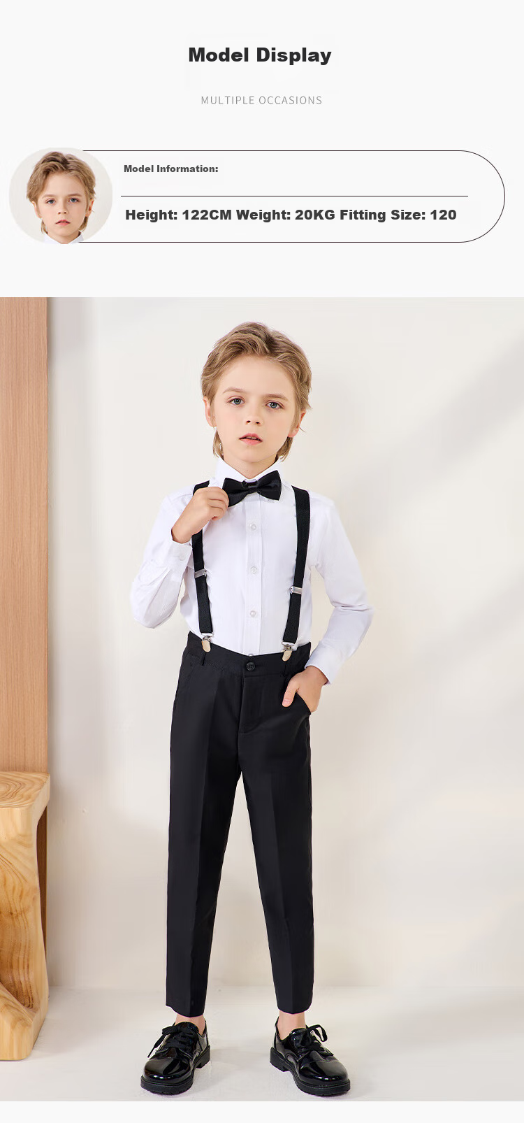 ROMON Children's Formal Wear, Holiday Performance Outfit, Boys' Graduation Host Long-Sleeve Long Pants Suspender Suit, Black, Size 150 15