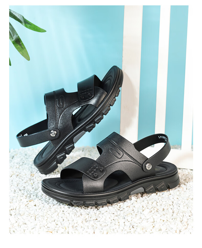 LAORENTOU Men's Beach Sandals Summer Breathable First Layer Cowhide Massage Sole Slippers Outdoor Casual Shoes LT12031 Black Size 40 1
