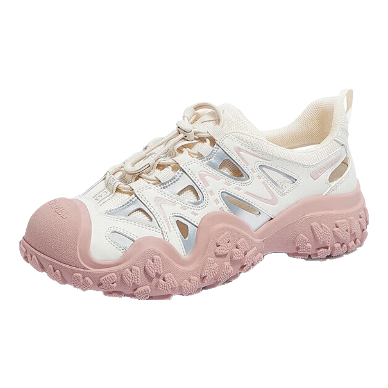 CAMEL Ugly-Cute Hiking Shoes for Women, Fashionable Color-Block Outdoor Casual Shoes L24M076602 Beige/Silver/Pink 35