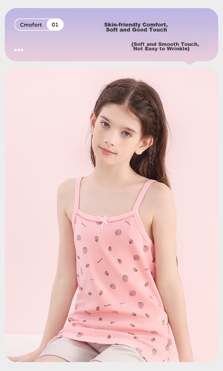 LangSha Children's Tank Tops, Girls' Summer Thin Cotton Undershirts, Camisoles for Young Girls, 2-Piece Set, Strawberry Girl Design, Size 110 3