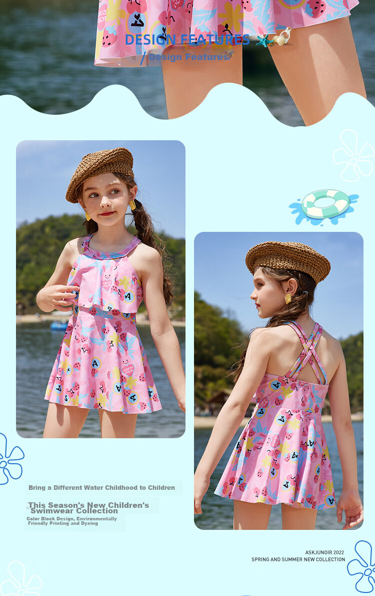 ASK JUNIOR [With Swim Cap] Girls' Swimsuit, Summer Cartoon Print Children's Spaghetti Strap Swim Skirt Two-Piece Swimsuit, Floral Pattern, Size 110 1
