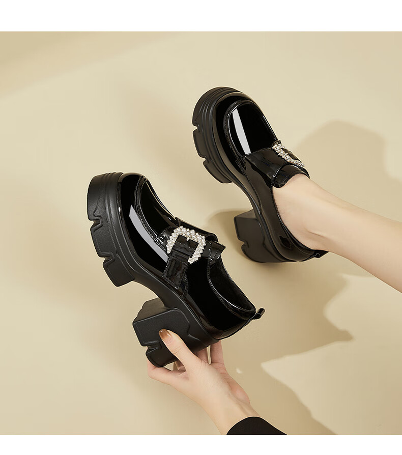 DAPHNE Thick-Soled Loafers for Women, Chunky Heel Deep-Mouth Leather Shoes, Fashionable Versatile High Heels, Women's Shoes, Single Shoes, Black, Size 34 8