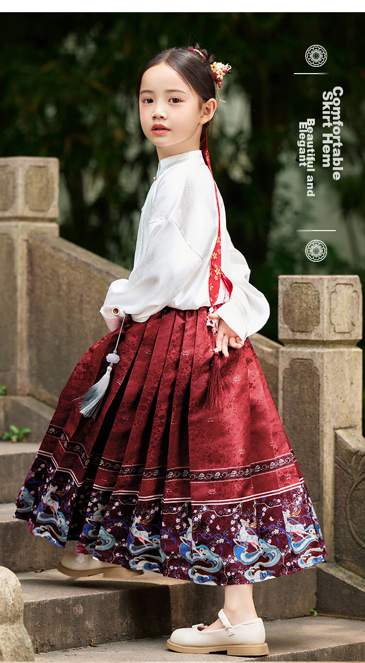 QQ DUCK Children's Hanfu Costume Set for Girls with Horse-Face Skirt, Student And Teen Clothing, Beige Deer Color + Wine Red; Size 120 4