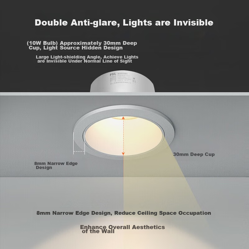 FSL Foshan Lighting LED встраиваемый светильник, антибликовый, 9 Вт, холодный белый (5700K), вырез 75 мм, алюминиевый корпус