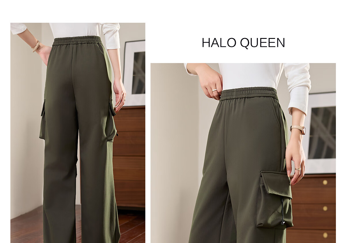 Halo Queen Women's Casual Pants, American-Style Breathable Loose Cargo Pants, High-Waisted Draping Parachute Pants H13KK2711 38