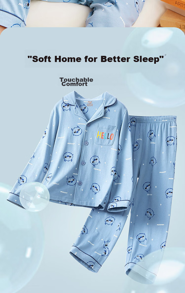 Dingguagua Children's Pajama Set, Spring And Summer Pure Cotton, for Older Boys, Home Wear with Open Front, Light Blue, Size 120 2