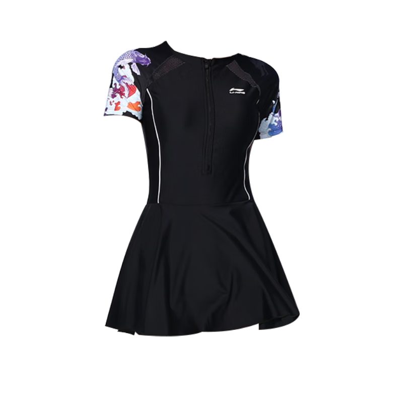 Li-Ning One-Piece Swimsuit for Women, Dress Style, Slimming, Comfortable, Breathable, Hot Spring Resort Swimwear 088, Black XXL
