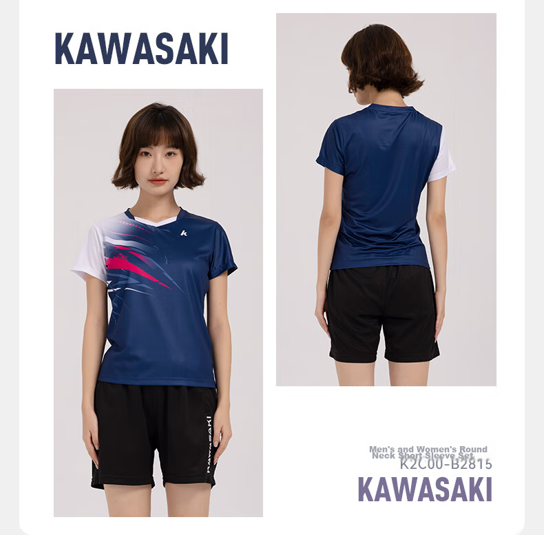 KAWASAKI Badminton Outfit for Women, Professional Sports Round Neck Short-Sleeve Top And Shorts Set B2815, Navy Blue, Size S 7