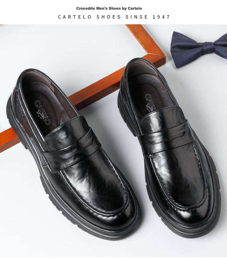 CARTELO Men's Loafers, Leather Shoes, Business Casual Shoes, Breathable Soft Leather Slip-On Shoes, Model 9925, Black, Size 39 12