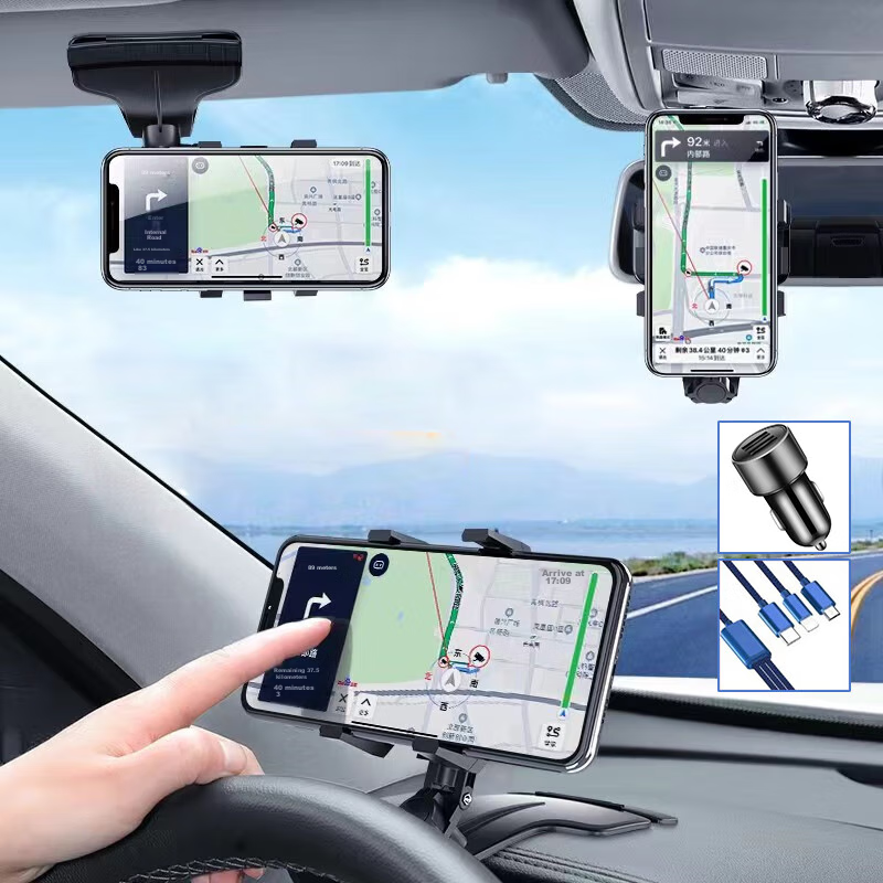 Kylie Car Phone Holder Rearview Mirror Phone Mount High-Deer Navigation Bracket Multifunctional Car Phone Holder Car Accessory + 3-in-1 Data Cable + Car Charger