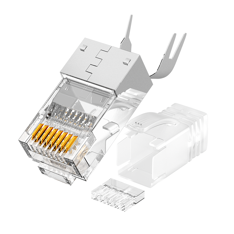 SAMZHE Cat8 Ethernet Cable Connector, Gigabit 50U Gold-Plated Anti-Interference Network Connector, CAT8 Three-Piece Engineering Grade RJ45 Network Plug, 2 Pieces, 8002SJT