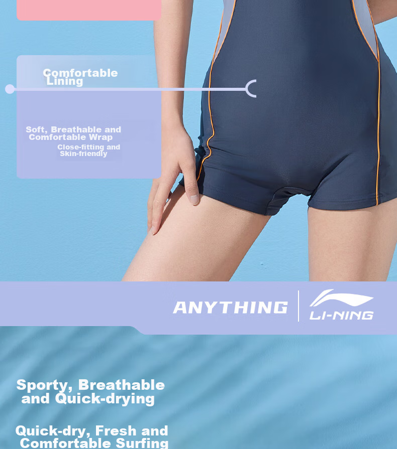 LI-NING Women's One-Piece Professional Square-Leg Conservative High-Elastic Breathable Slimming Swimsuit for Hot Springs and Vacation 472 Gray Orange M 5