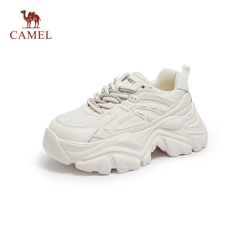 CAMEL Women's Trendy Dad Sneakers with Mesh And Leather Patchwork, Double Laces, Thick Soles Casual Shoes L24S283079 Off-White 40
