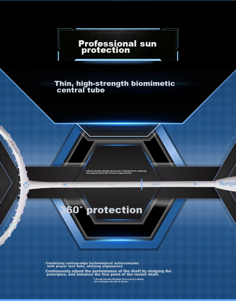 KUMPOO Badminton Racket, Full Carbon Ultra-Light, Versatile for Attack And Defense, Ready-To Racket KN993, Crystal Blue 10