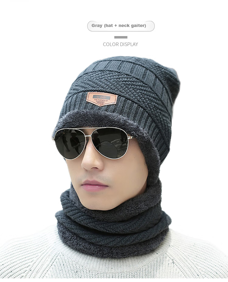 GLO-STORY Winter Knitted Hat for Men And Women with Fleece Lining, Warm Neck Gaiter, Thickened Wool Hat with Ear Protection, Cold-Proof Gray Cap 16