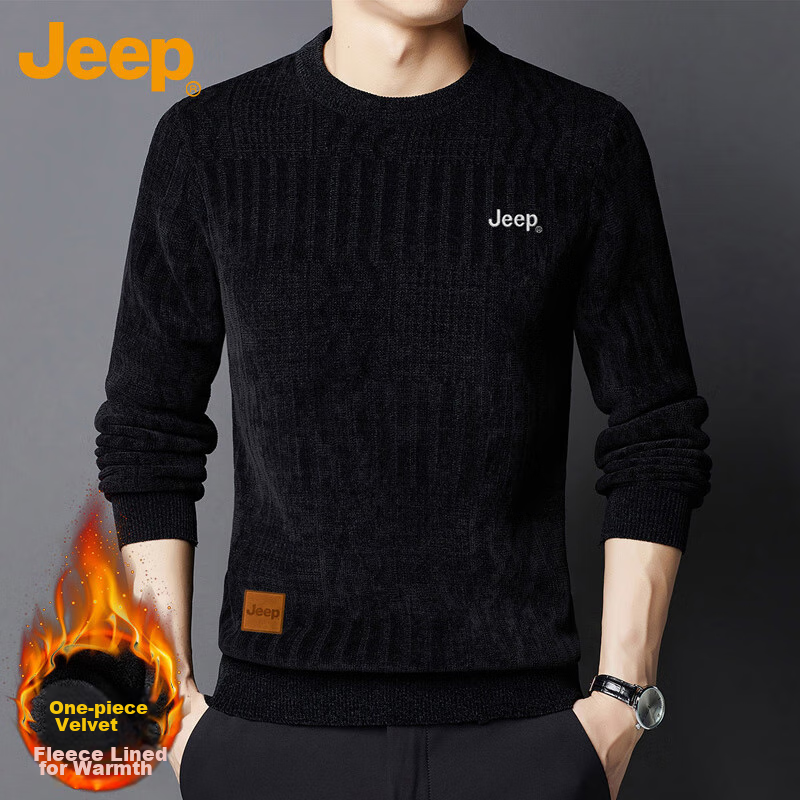 JEEP Men's Sweater, Autumn And Winter Fleece-Lined Thick Warm Knit Pullover, Round Neck Men's Clothing, Black Fleece-Lined, Size M