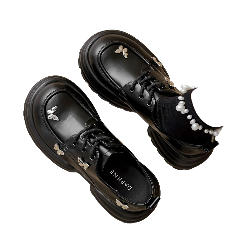 DAPHNE Thick-Soled Butterfly Leather Shoes for Women, 2026 Stylish Lace-Up Platform Loafers, British Style Soft Cake JK Flats