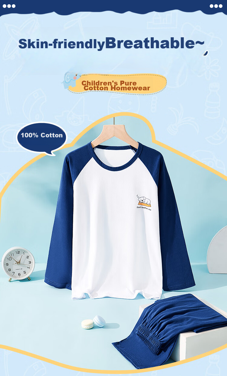 LangSha Children's Pajamas for Boys, Big Kids All-Season Pure Cotton Round Neck Loungewear, Baby Long-Sleeve Set Suitable for Outdoor Wear, Size 140 1
